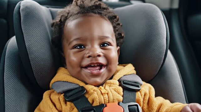 A happy baby sitting in a car seat smiling while looking directly at the camera.