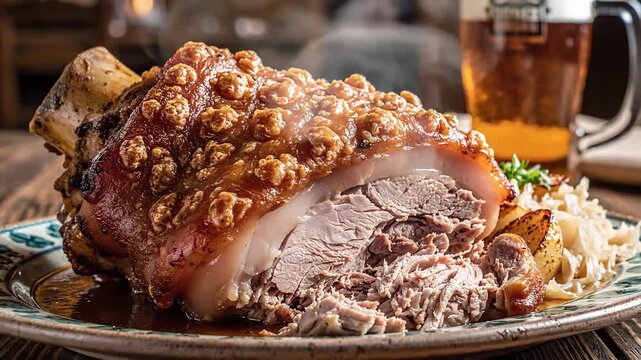 Crispy Roasted Pork Knuckle with Crackling and Sauerkraut