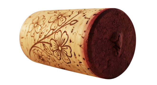 Wine cork with floral pattern isolated PNG, natural stopper for bottle closure on transparent background