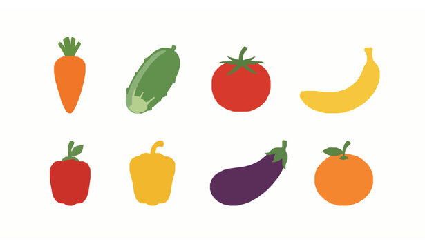 Fresh fruit and vegetable flat vector icon set with carrot banana tomato and cucumber