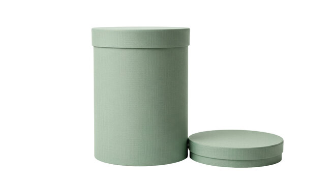 Sage green round hat box with lid isolated PNG, elegant storage container for gifts and accessories on transparent background