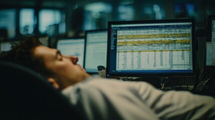Fototapeta premium Man sleeping in front of computer screens indoors during daytime