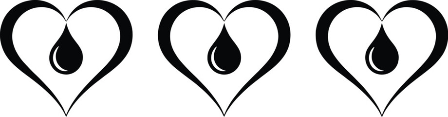 Three black hearts with a drop of liquid inside each, symbolizing love and care