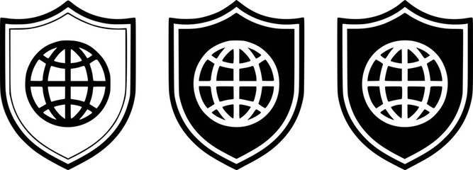 Three Shields with Globe Icons: Security, Protection, and Global Reach