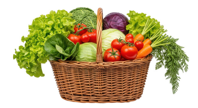 Fresh vegetables in a wicker basket PNG isolated, colorful assortment of healthy produce on transparent background
