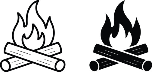 Two Stylized Campfire Icons: Outline and Silhouette