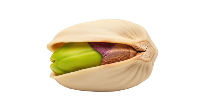 Open pistachio nut isolated PNG, showing green kernel and shell, healthy snack food on transparent background for design elements