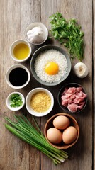 A vibrant assortment of fresh ingredients including rice, eggs, garlic, and herbs arranged on a rustic wooden surface, perfect for cooking.