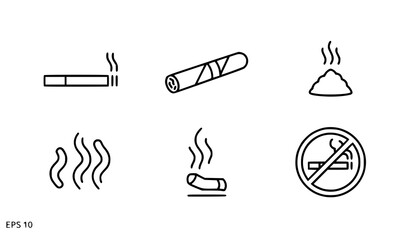 Smoking outline icon set vector with cigarette cigar and smoke symbols in minimal line style isolated on white background EPS 10 © MdAtaur