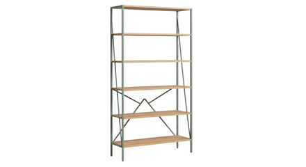 Modern wooden bookshelf with metal frame isolated PNG, contemporary furniture for home decor and storage solutions