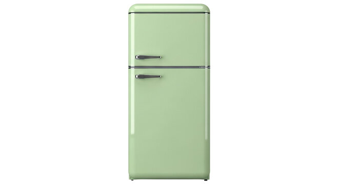 Retro style refrigerator in light green isolated PNG, vintage fridge appliance for kitchen design on transparent background