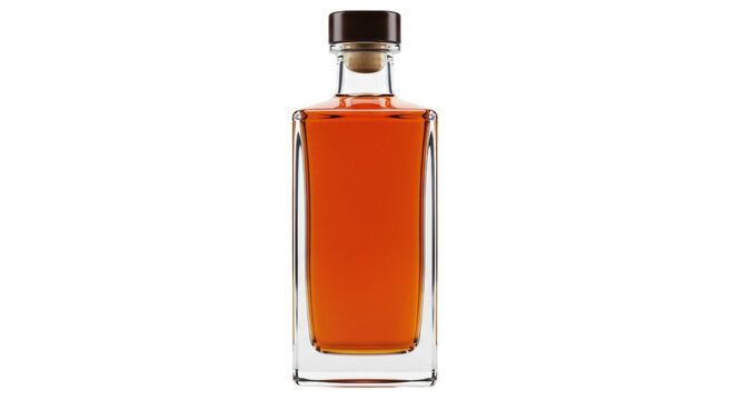 Square whiskey bottle with brown liquid isolated PNG, elegant glass container for spirits on transparent background
