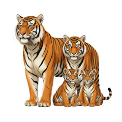 Obraz premium Royal Bengal tiger family with male female and cubs realistic wildlife vector illustration isolated on white background