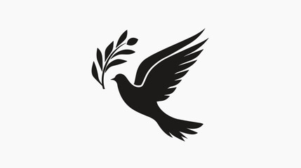 Obraz premium Silhouette of a flying dove carrying an olive branch on a white background