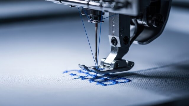 Close-up of an embroidery machine needle stitching a blue pattern onto white fabric with blue thread