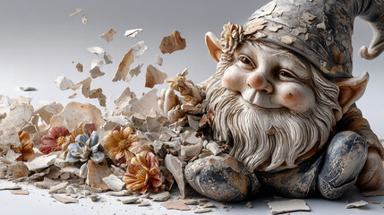 Garden Gnome with a Chipped-Off Smile Sitting in a Pool of its Own Ceramic Fragments on a White Studio Background


