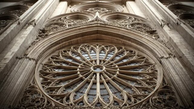 Intricate Architectural Facade Featuring Large Circular Stained Glass Window Framed by Detailed Stone Carvings in Soft Natural Light