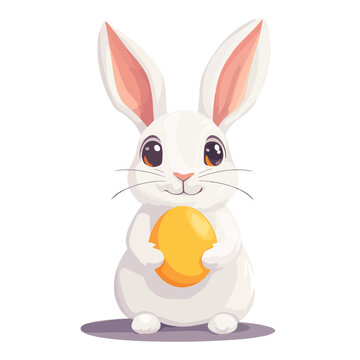 Cute white Easter bunny holding a golden egg. Vector cartoon character illustration isolated on white background. Perfect for holiday greeting cards.