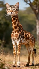 Obraz premium Adorable Cat-Giraffe Hybrid Standing in Safari Landscape – Cute Animal Fusion with Realistic Textures & Natural Lighting