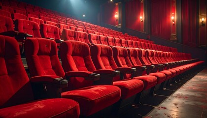 Empty red theater seats arranged in rows, illuminated by soft stage lighting, creating a cinematic ambiance