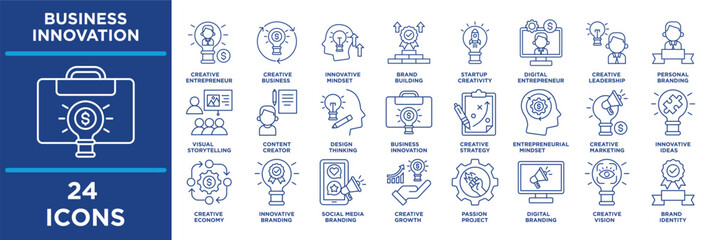 business innovation icon set illustrating creativity, technology, progress, evolution, growth, startup, idea, design and digital. vector editable line