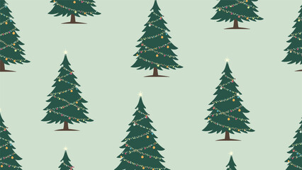 Obraz premium Traditional holiday seamless pattern features green Christmas trees decorated with lights and ornaments on a soft mint green background.