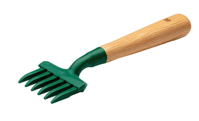 Small garden rake with a wooden handle and green plastic head