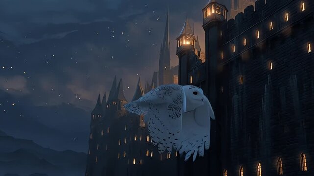 Snowy Owl Flying at Night Over a Magical Fantasy Castle