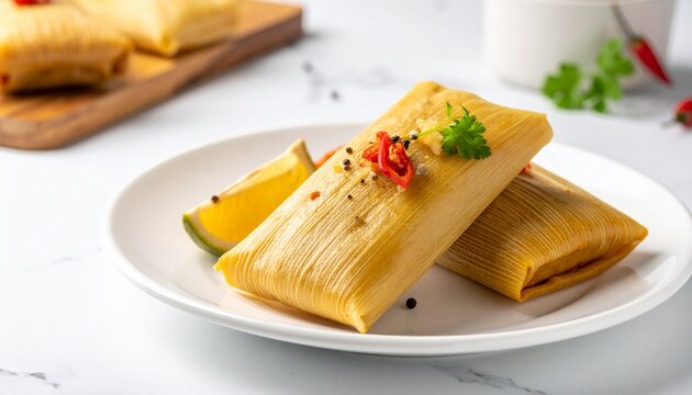 food photography of Tamales on white plate, copy space