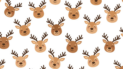 Fototapeta premium Cute seamless holiday pattern displays numerous friendly reindeer heads with smiling faces and antlers on a clean white background.