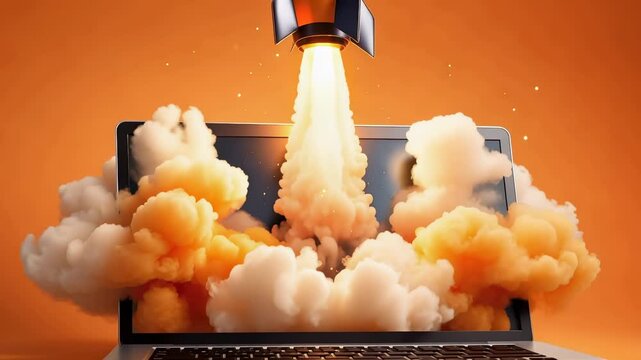 A rocket launching from a laptop screen or hand in a creative digital scene. The concept of startup launch, innovation, technology growth, business success, and digital transformation.