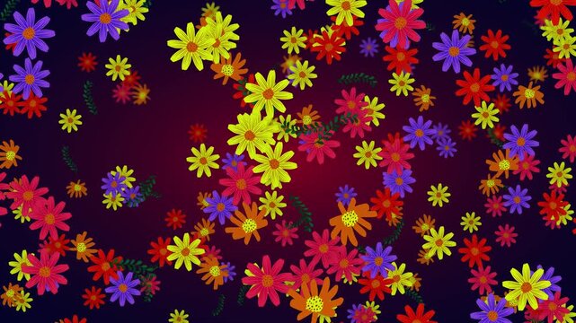 Vibrant Colorful Flowers Falling and Cascading Across a Dark Background