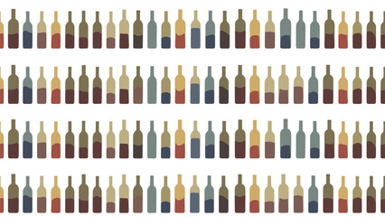 Rows of wine bottles with different colors of wine inside arranged in a neat repeating pattern design on a crisp white background.