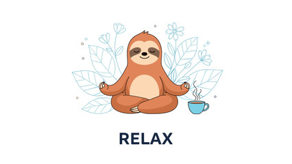 Obraz premium Relaxing sloth character meditating in a lotus pose surrounded by outlines of tropical leaves and a steaming cup of coffee or tea.