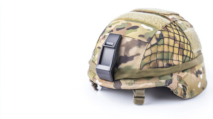 Military helmet designed for tactical use, featuring camouflage pattern and adjustable straps, showcasing durability