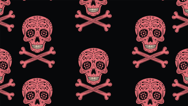 Edgy seamless pattern of sugar skulls with decorative floral patterns and crossbones in a pink color palette on a solid black background.