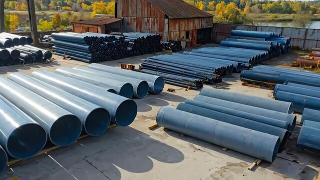 Aerial view shows stacks of large diameter blue pipes stored in an industrial yard, ready for construction.