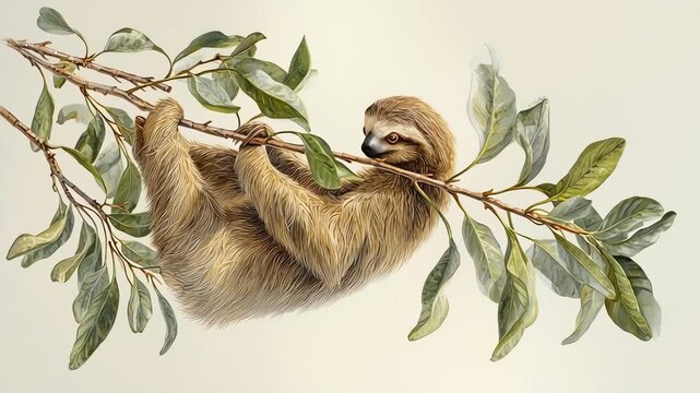 Vintage illustration of a sloth hanging from a tree branch watercolor style
