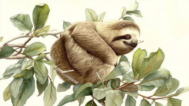 Cute Watercolor Sloth Clinging to Green Branch Isolated