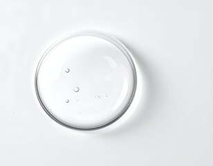 Overhead shot of a clear, circular petri dish with a few small air bubbles on a white surface
