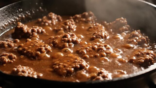 Delicious meatballs simmering in rich brown gravy in a cast iron skillet, steaming hot