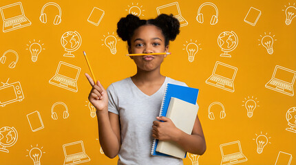 Mischievous young girl balances a pencil on her face while holding school books against a bright orange background with education and technology icons