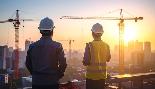 Two construction workers observing an urban skyline at sunset with cranes in the background