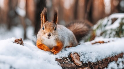 Fototapeta premium Alert squirrel resting on snowy ground in winter environment