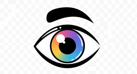 Obraz premium Vibrant rainbow eye illustration with colorful iris and bold black outline design for creative