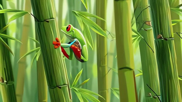 Animated Red Eyed Tree Frog Crawling on Green Bamboo Stalks