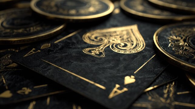 Close up of ace of spades playing card with gold detailing and coins