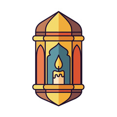Obraz premium Colorful ornate Ramadan lantern with a lit candle inside, featuring intricate patterns and warm hues, in a flat design style.