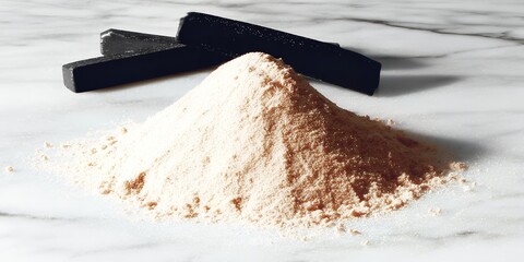 A pile of protein powder with two black chocolate bars on a marble countertop