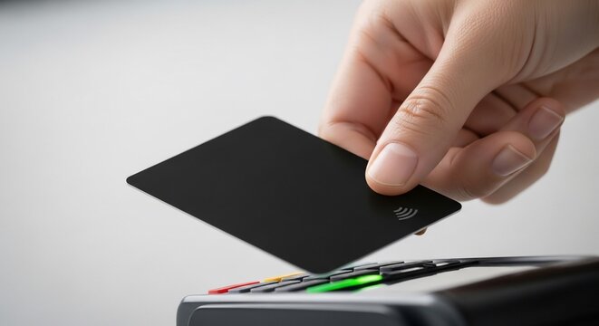 Hand holding a card over a card reader with colored lights on a white surface